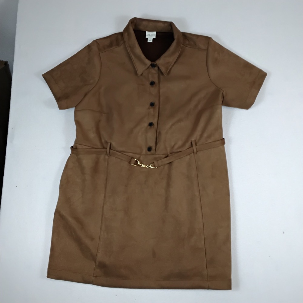 Ava & Viv Womens Brown Faux Suede Shirt Dress Belted Short Sleeve Plus Size 2XL